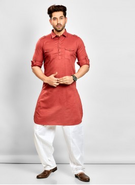 Rust Color Pathani Suit In Cotton Fabric