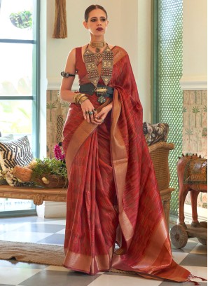 Enchanting Rust Handloom Silk and Organza Saree