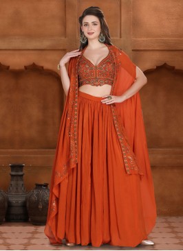 Rust Indowestern Palazzo Suit In Crepe Silk