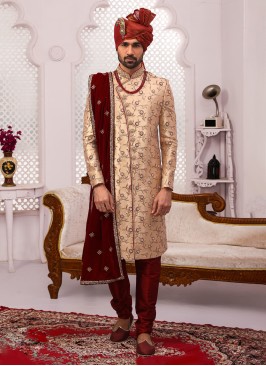 Sandy Brown Embroidered Sherwani For Wedding