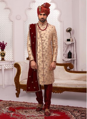 Sandy Brown Embroidered Sherwani For Wedding