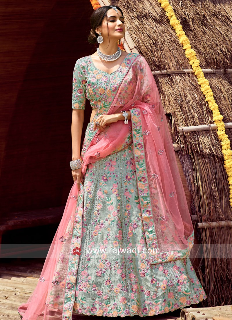 Pink and Teal Embroidered Velvet Designer Lehenga Choli