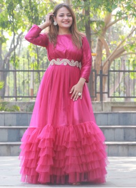Satin Embroidered Layered Gown in Pink