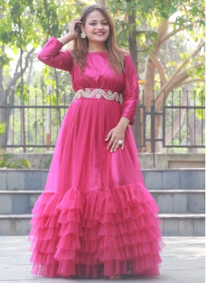 Satin Embroidered Layered Gown in Pink