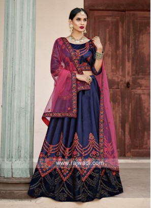 Satin Silk Embroidered Lehenga Choli In Navy Blue