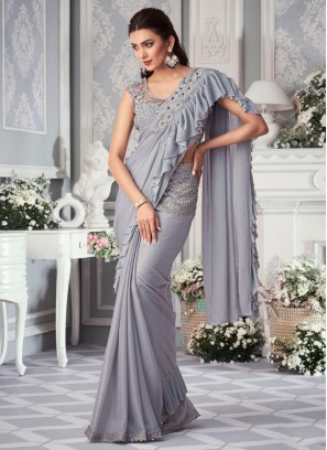 Lycra Fabric Ready Pleated Grey Saree