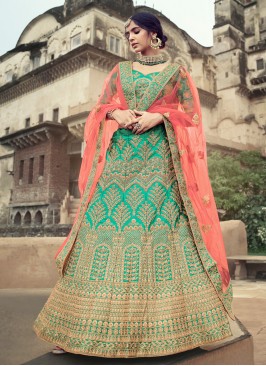 Satin Lehenga Choli in Green