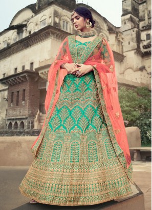 Satin Lehenga Choli in Green