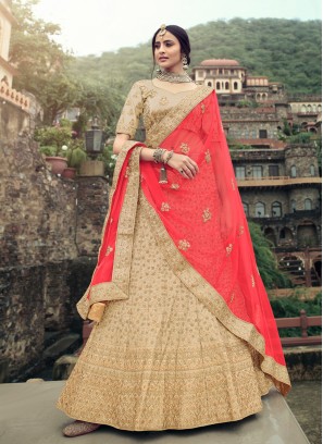 Satin Resham Beige Lehenga Choli