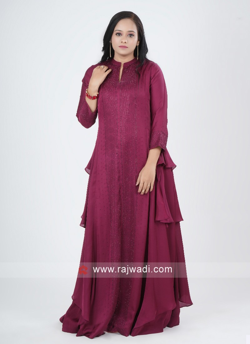 Satin Silk A-Line Kurti In Magenta Color