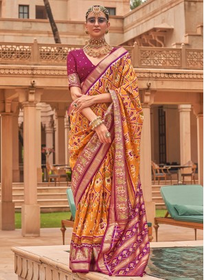 Yellow and Magenta Patola Silk Traditional Saree