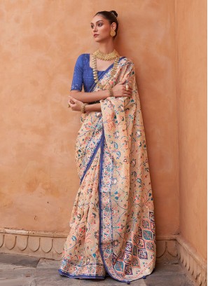 Blue and Peach Designer Floral Printed Saree