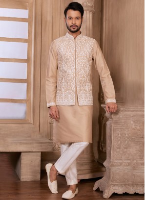 Thread Embroidered Golden Cream Nehru Jacket Set