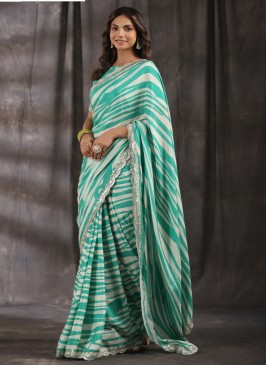 Sea Green And Cream Satin Silk Designer Saree