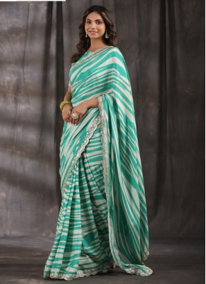 Sea Green And Cream Satin Silk Designer Saree