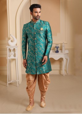 Sea Green And Golden Dhoti Style Indowestern Set