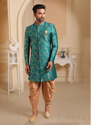 Sea Green And Golden Dhoti Style Indowestern Set