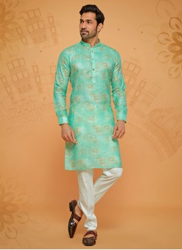 Sea Green Cotton Silk Kurta Pajama For Men