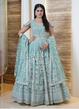 Sea Green Embroidered Floor Length Gown
