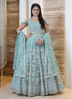 Sea Green Embroidered Floor Length Gown