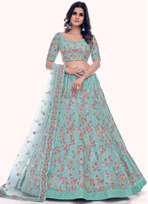 Sea Green Floral Embroidered A Line Lehenga Choli