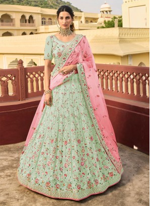 Sea Green Engagement Organza Lehenga Choli