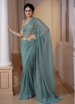 Lycra Fabric Ready Pleated Grey Saree