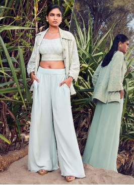 Sea Green Georgette Palazzo Set With Jacket