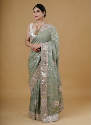 Sea Green Jacquard silk saree for wedding