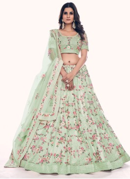 Sea Green Net Floral Wedding Lehenga Choli