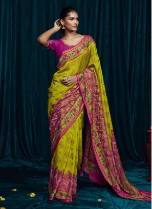 Weaving Work Yellow Green Designer Saree