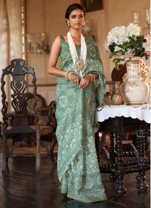 Palace Green Batik Printed Cotton Saree