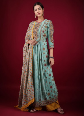 Sea Green Raw Silk Palazzo Suit