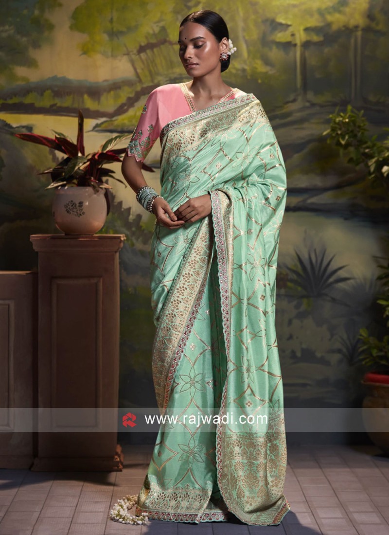 Classy Sea-green Sequins Organza Party Wear Ruffle Saree With Blouse (Un-Stitched)
