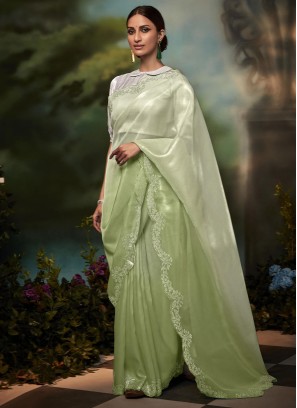 Designer Pista Green And White Organza Saree