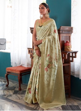 Light Green Floral Printed Soft Silk Saree