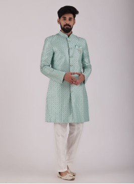 Sea Green Thread Embroidered Indowestern For Wedding