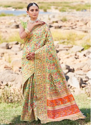 Pista Green Kashmiri Weaving Silk Wedding Saree