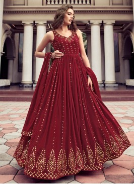 Maroon Embroidered Georgette Designer Gown