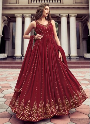 Maroon Embroidered Georgette Designer Gown