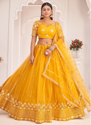 Sensational Mustard Net Designer Lehenga Choli