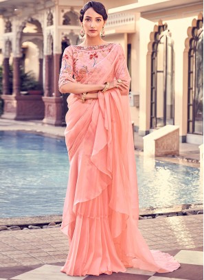 Peach Organza Ruffle Saree With Embroidered Blouse