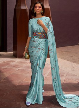 Aqua Blue Designer Floral Satin Saree