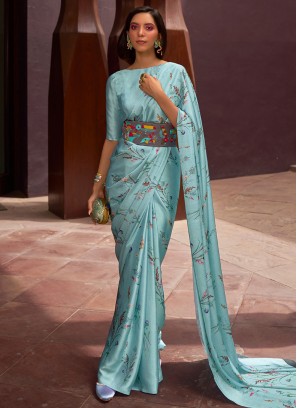 Aqua Blue Designer Floral Satin Saree