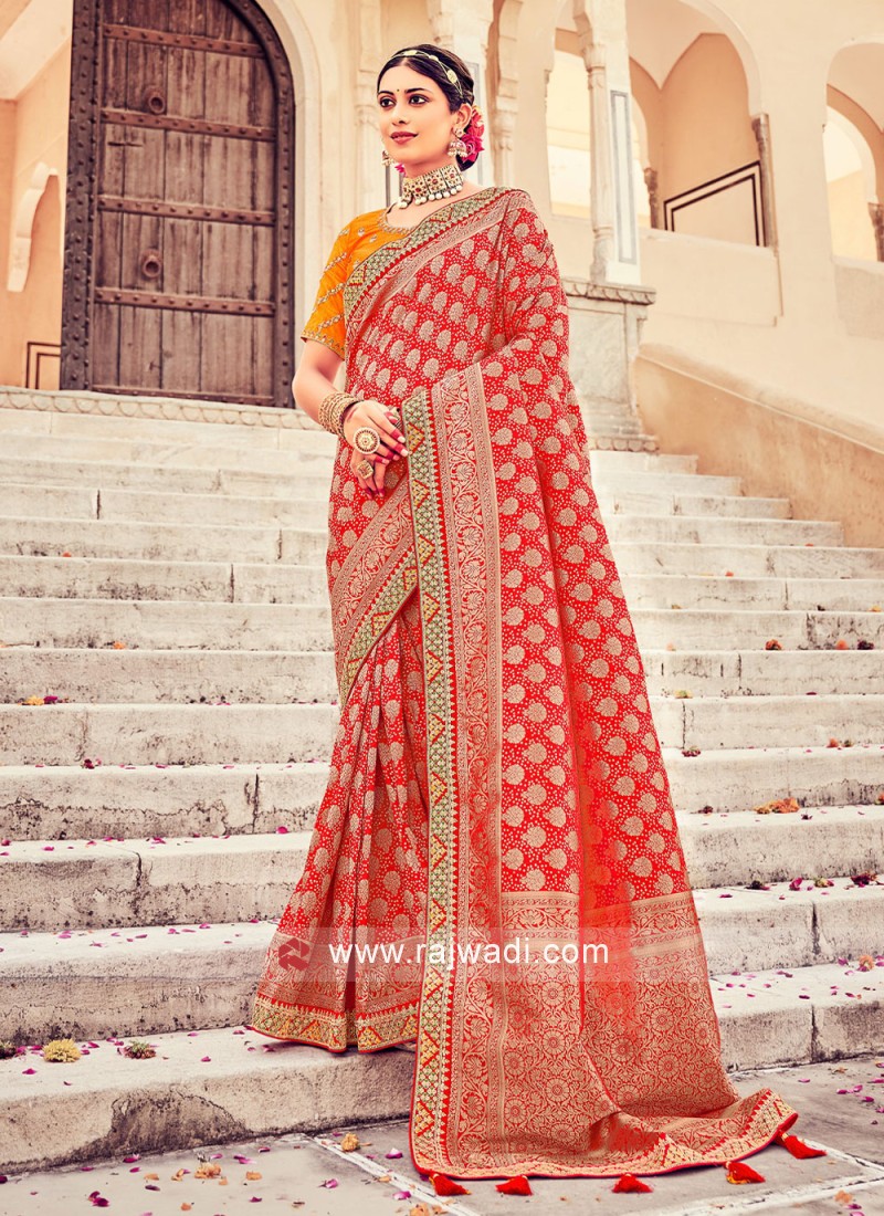 Red Designer Saree for Wedding, SABYASACHI Wedding Saree With Blouse, Red  Wedding Saree With Golden Border -  Canada