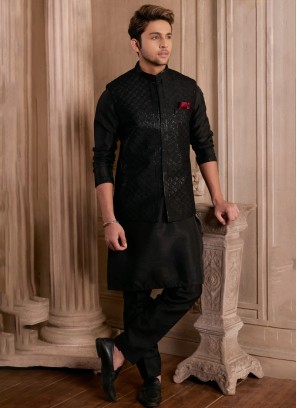Sequins Black Embroidered Nehru Jakcet Set
