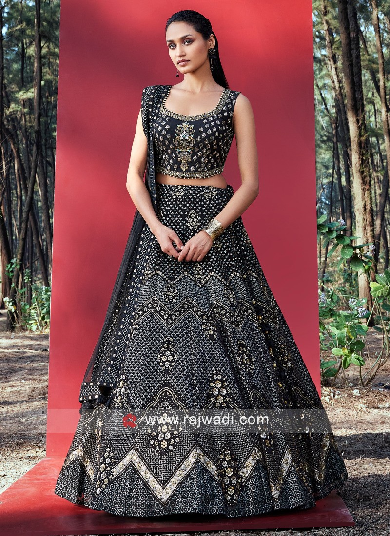 Buy Black Heavy Geogette Embroidered Work Party Wear Lehenga Choli Online