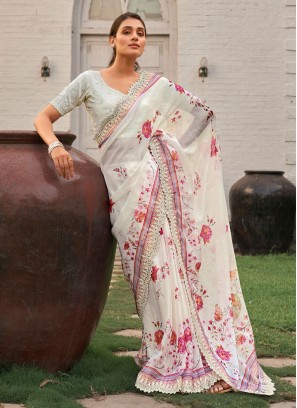 Sequins Embroidered Chiffon Saree With Scallop Borders