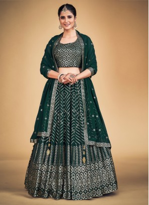 Sequins Embroidered Georgette A Line Green Lehenga Choli