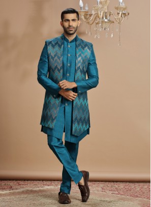 Sequins Embroidered Nehru Jacket Set For Men